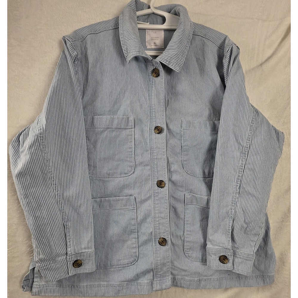 LC Lauren Conrad Women XL Blue White Pinstripe Chore Jacket 4 Pocket Button Fron